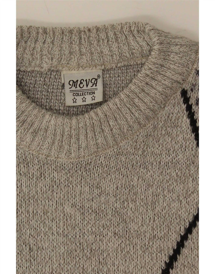 Vintage herre sweater med rund hals, stor grå geometrisk uld