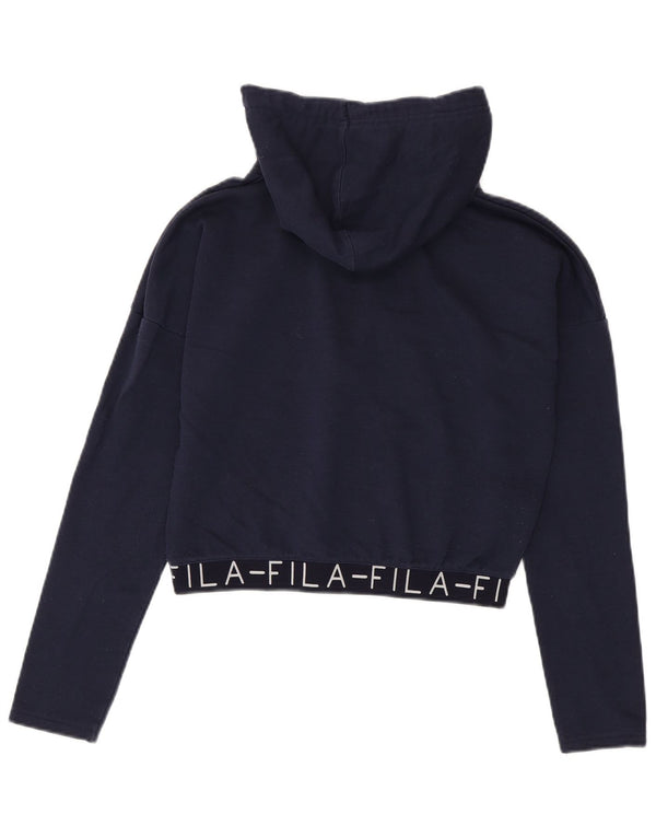 Fila Womens Graphic Crop Hoodie Jumper UK 10 Small Navy Blue Cotton