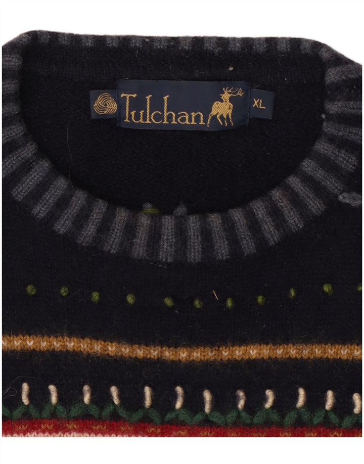 TULCHAN sweater med rund hals til kvinder UK 18 XL Marineblå Fair Isle Wool