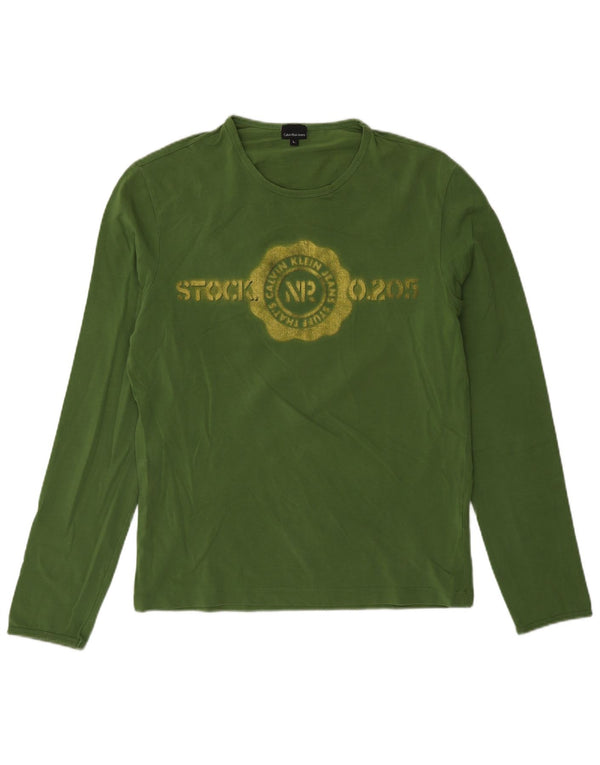 Calvin Klein Jeans Womens Graphic Top Long Sleeve UK 16 Large Green Cotton