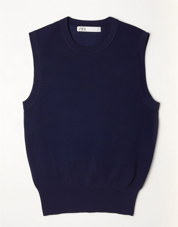 Zara Dame Vest Tank Top UK 14 Large Navy Blue Viscose