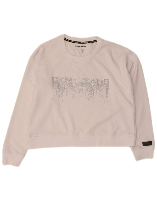 Dkny Womens Crop Graphic Sweatshirt Jumper UK 14 Medium White Bomuld