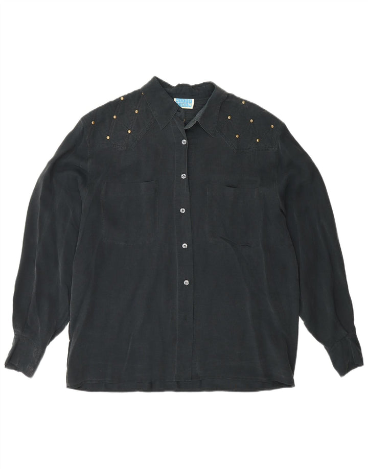 Witty Girl Womens Shirt UK 14 Medium Black Silk