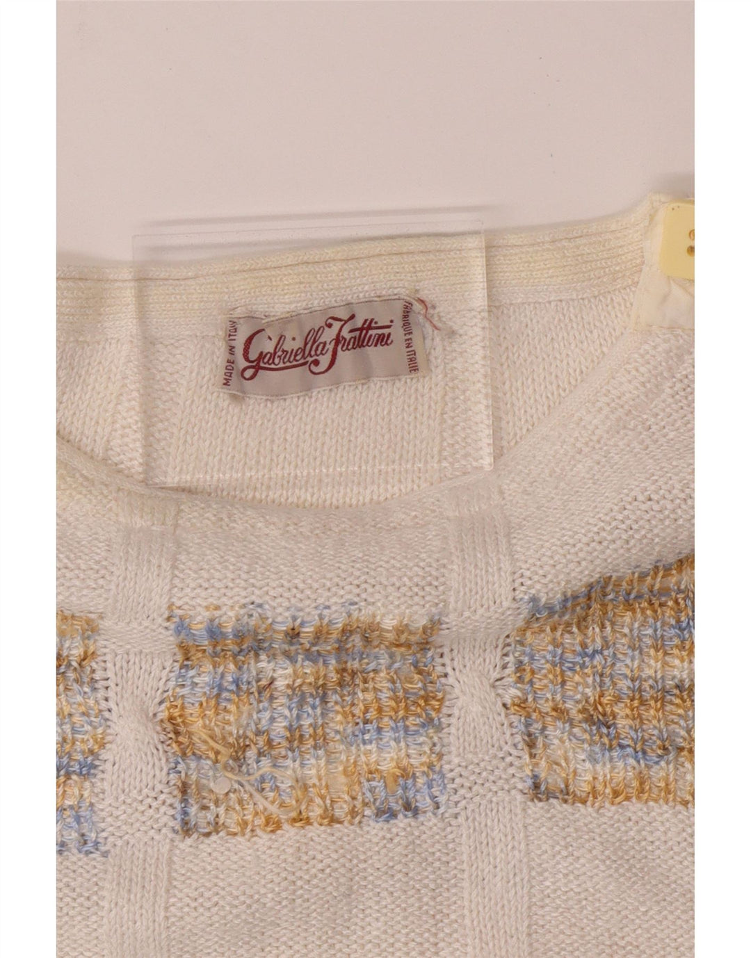 VINTAGE Womens Crop Crew Neck Jumper Sweater UK 14 Medium White Geometric Vintage Vintage and Second-Hand Vintage from Messina Hembry 