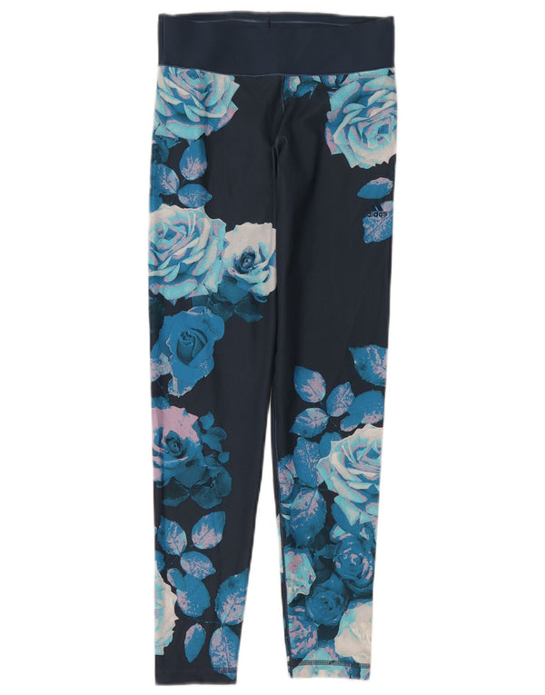 Adidas Womens Climalite Leggings UK 8/10 Small Blue Floral Polyester