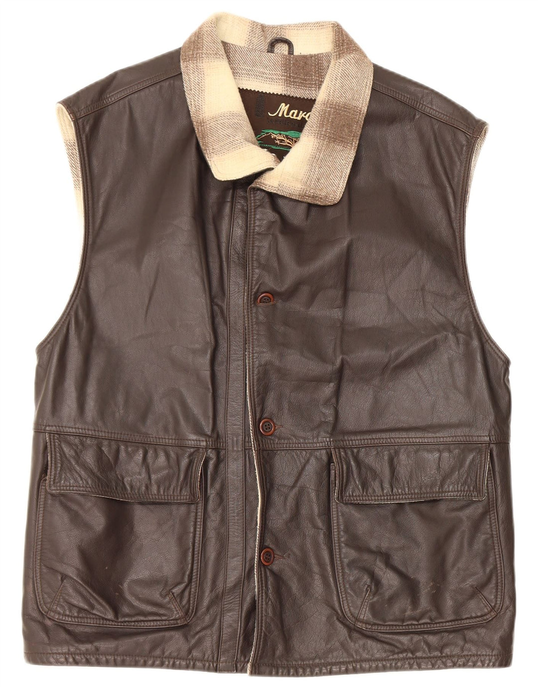 Vintage Herre Læder Gilet IT 48 Medium Brun Colourblock Læder