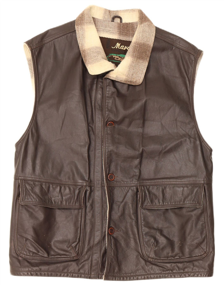 Vintage Herre Læder Gilet IT 48 Medium Brun Colourblock Læder