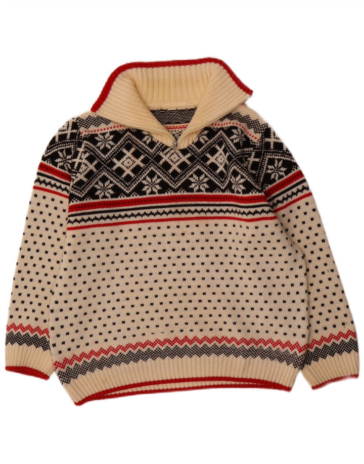 VINTAGE trøje med lynlås til kvinder UK 16 Large Off White Fair Isle