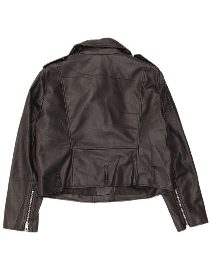 Zara Womens Crop Biker-jakke i imiteret læder UK 18 XL Sort Polyester