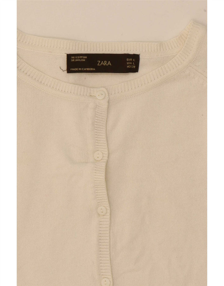 Zara Dame Cardigan Sweater UK 14 Stor Hvid Bomuld