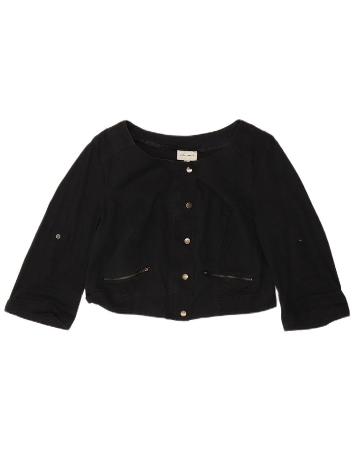 Autograf Dame 3/4 ærmet Crop Bomber Jacket UK 14 Stor sort bomuld