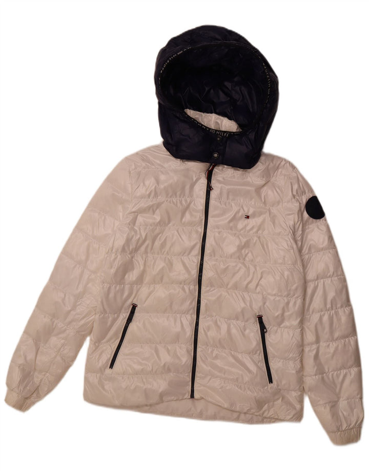 TOMMY HILFIGER Womens Hooded Padded Jacket UK 14 Medium White Polyester
