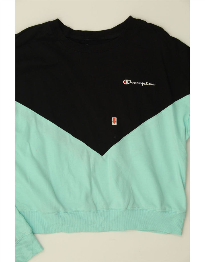 CHAMPION Womens Crop Sweatshirt Jumper UK 16 Large Blue Colourblock Vintage Champion and Second-Hand Champion from Messina Hembry 