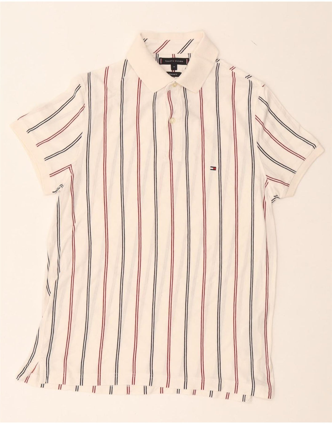 TOMMY HILFIGER Mens Regular Fit Polo Shirt Medium White Striped Cotton