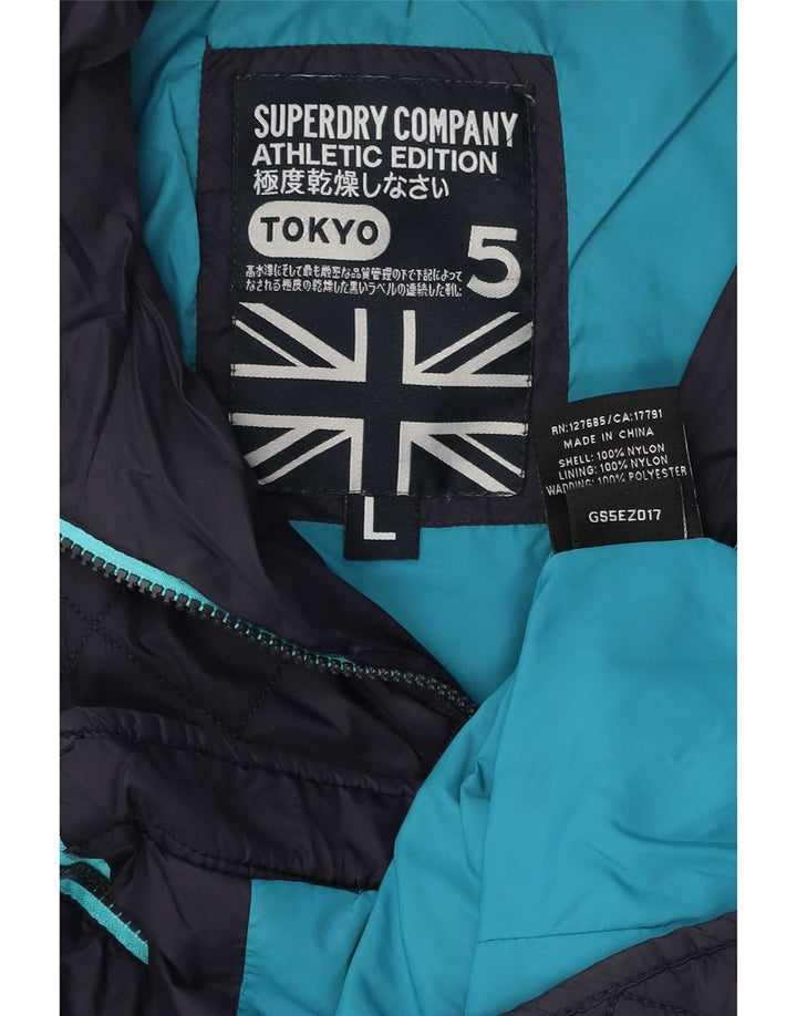 Superdry quiltet jakke med hætte til kvinder UK 14 Stor marineblå nylon