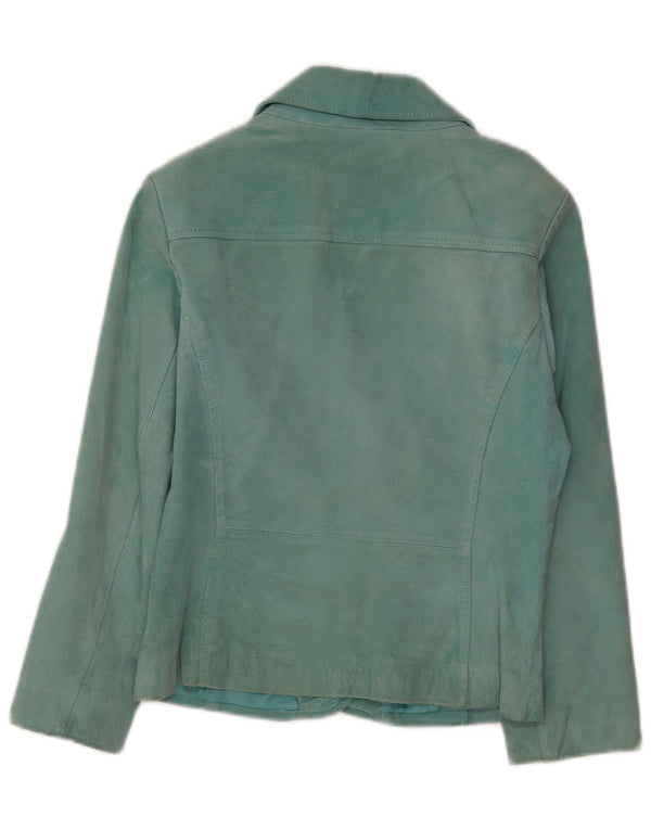 VINTAGE Womens 2 Button Suede Blazer Jacket UK 10 Small Turquoise Leather