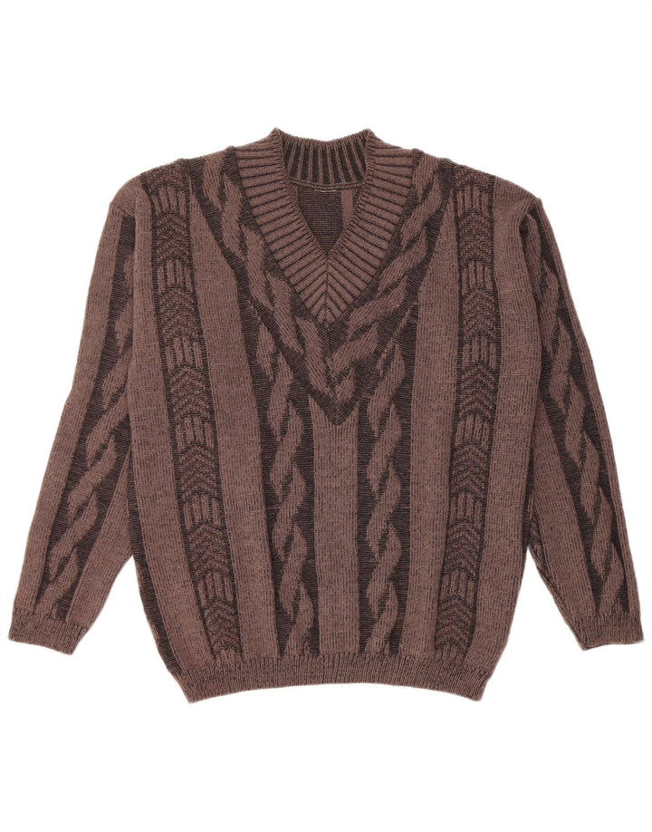 Vintage Herre V-hals sweater Stor Brun Geometrisk