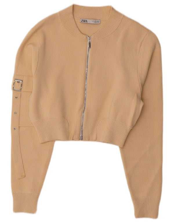 Zara Womens Crop Cardigan Sweater UK 10 Small Beige Polyamid