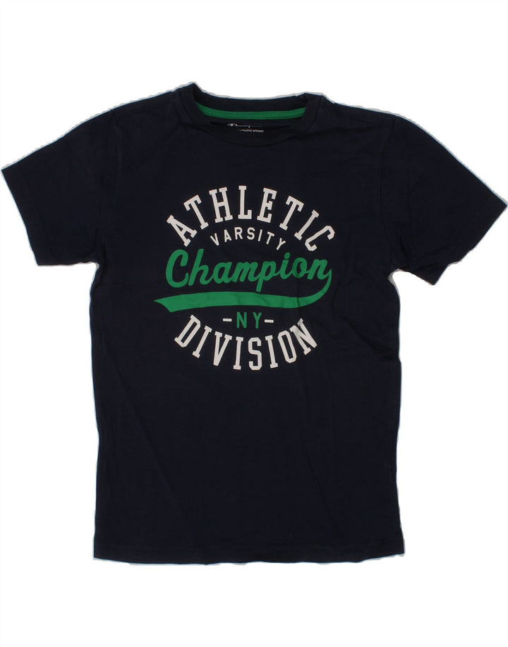 CHAMPION Boys Varsity Graphic T-Shirt Top 9-10 Years Medium Navy Blue Vintage Champion and Second-Hand Champion from Messina Hembry 