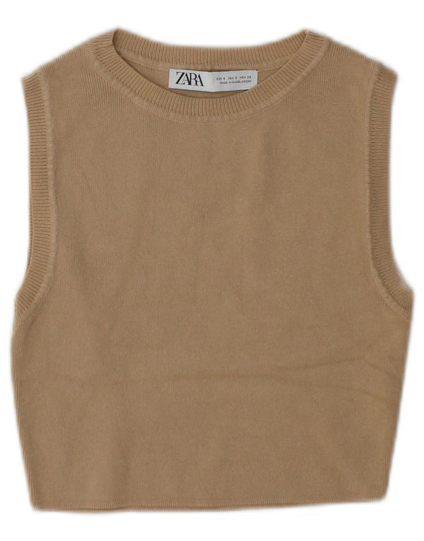 Zara Womens Crop Vest Tank Top UK 10 Small Beige Viscose