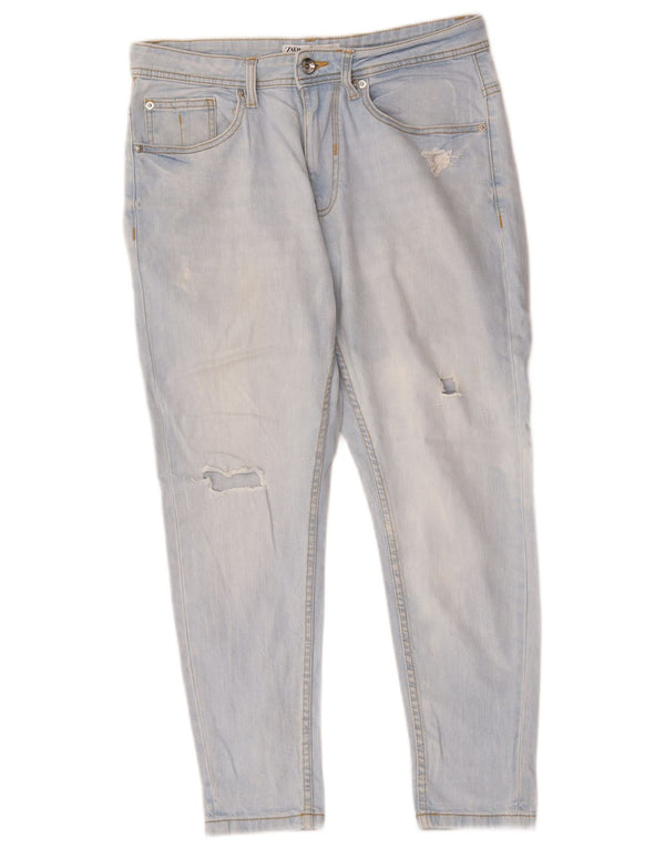 Zara Dame Distressed Slim Cropped Jeans EU 40 Medium W30 L25 Blå Bomuld