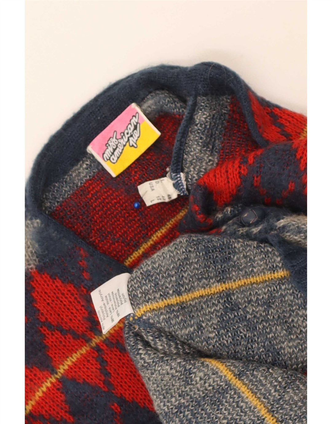 Vintage dame cardigan sweater US 12 Large Navy Blue Argyle/Diamond