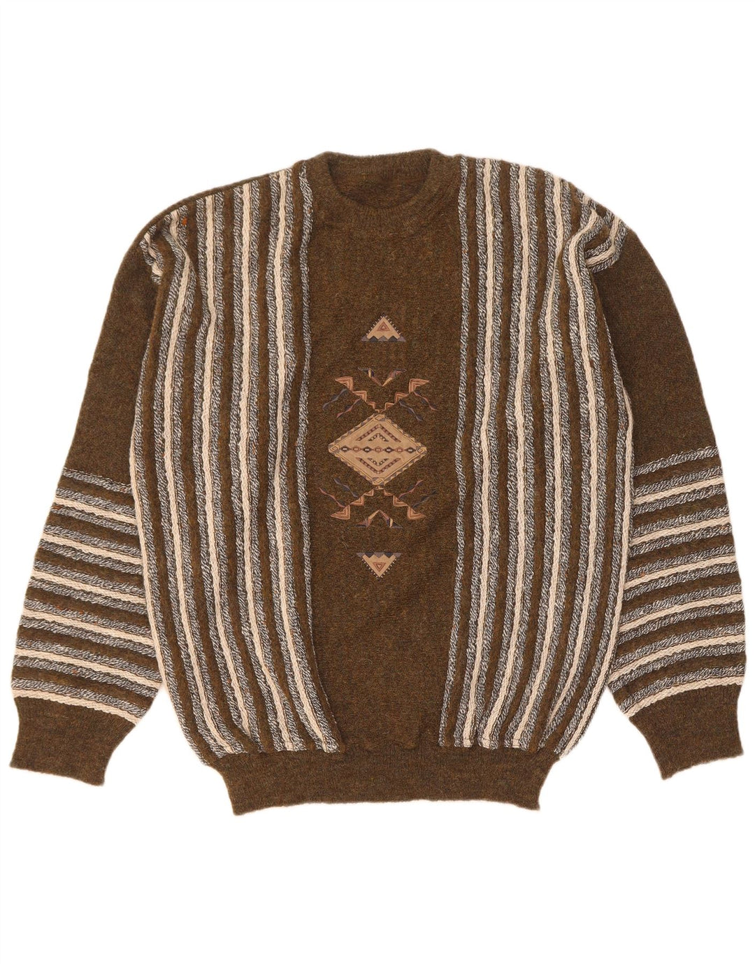 Vintage Herre grafisk rund hals sweater stor brun stribet