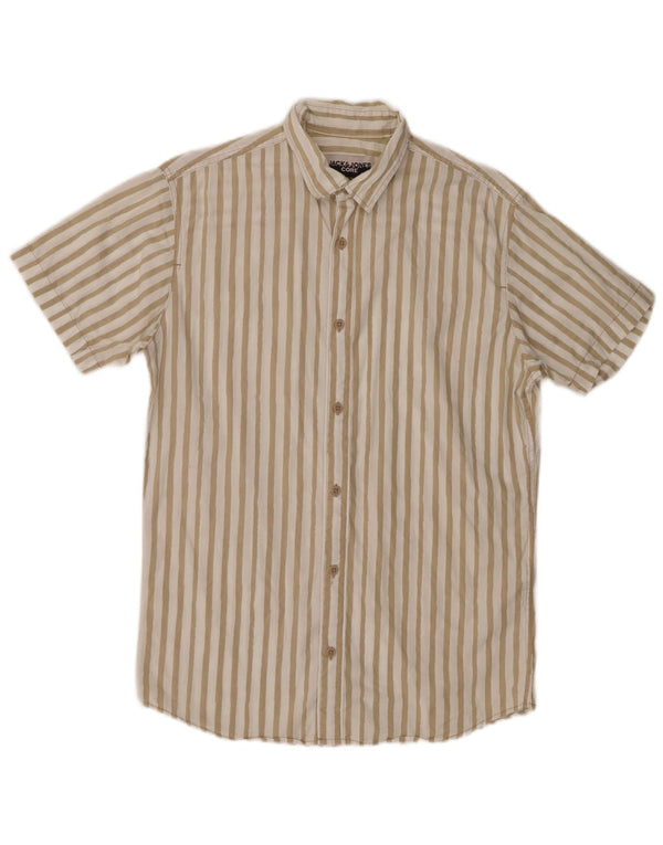 Jack & Jones Mens Short Sleeve Shirt Medium Beige Striped Cotton