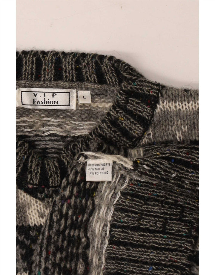 Vintage Herre Crew Neck Jumper Sweater Large Grey Fair Isle Polyacryl