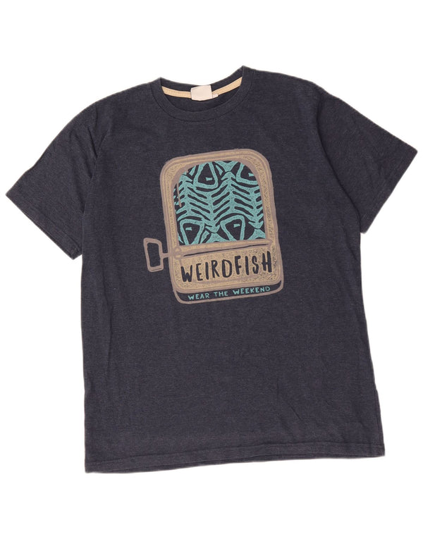 Weird Fish Herre grafisk T-shirt Top Medium Marineblå Bomuld