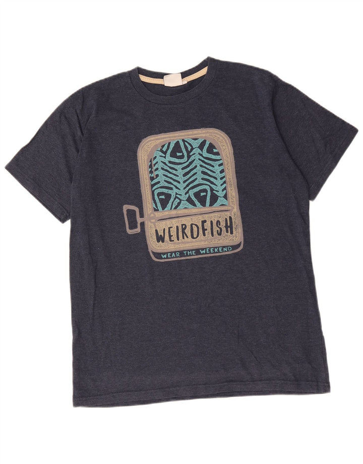 Weird Fish Herre grafisk T-shirt Top Medium Marineblå Bomuld