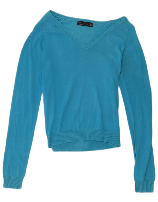Zara Womens Crop V-hals sweater UK 12 Medium Blue Bomuld