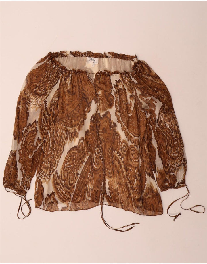 Milly Womens 3/4 ærme off Shoulder Top US 8 Medium Brown Paisley Silk
