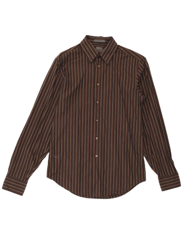 Calvin Klein Herre Slim Fit Skjorte Størrelse 15 38 Medium Brun Nålestribet Bomuld