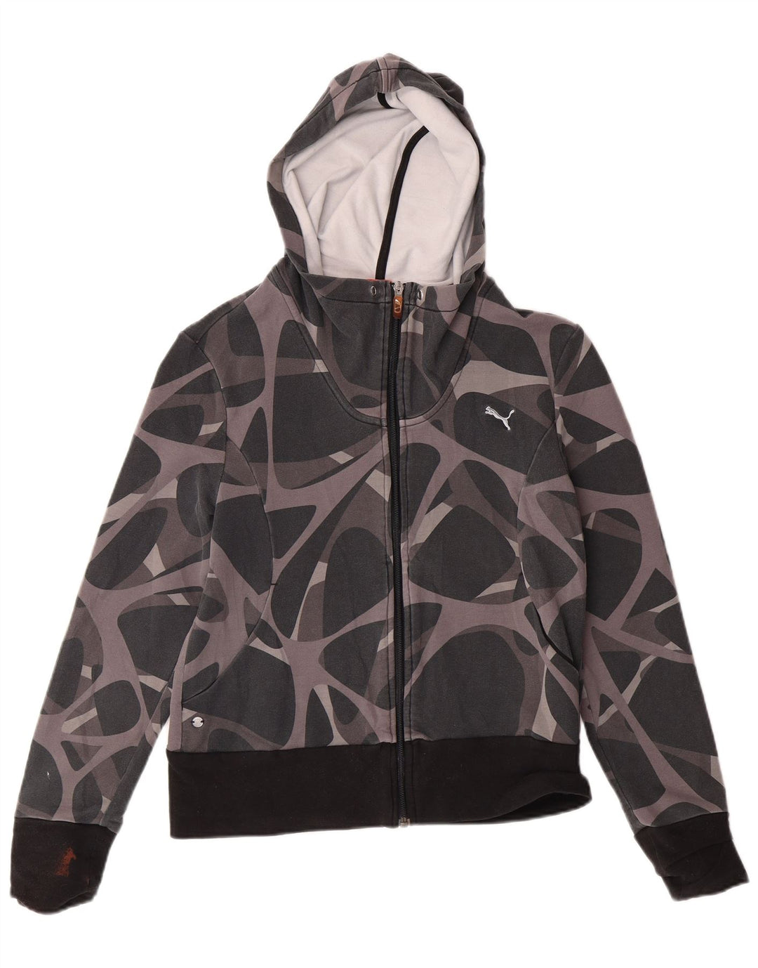 PUMA Womens Zip Hoodie Sweater UK 12 Medium Grey Geometric Cotton