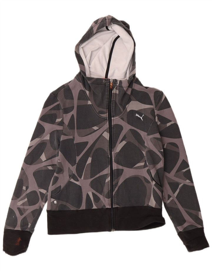 PUMA Womens Zip Hoodie Sweater UK 12 Medium Grey Geometric Cotton
