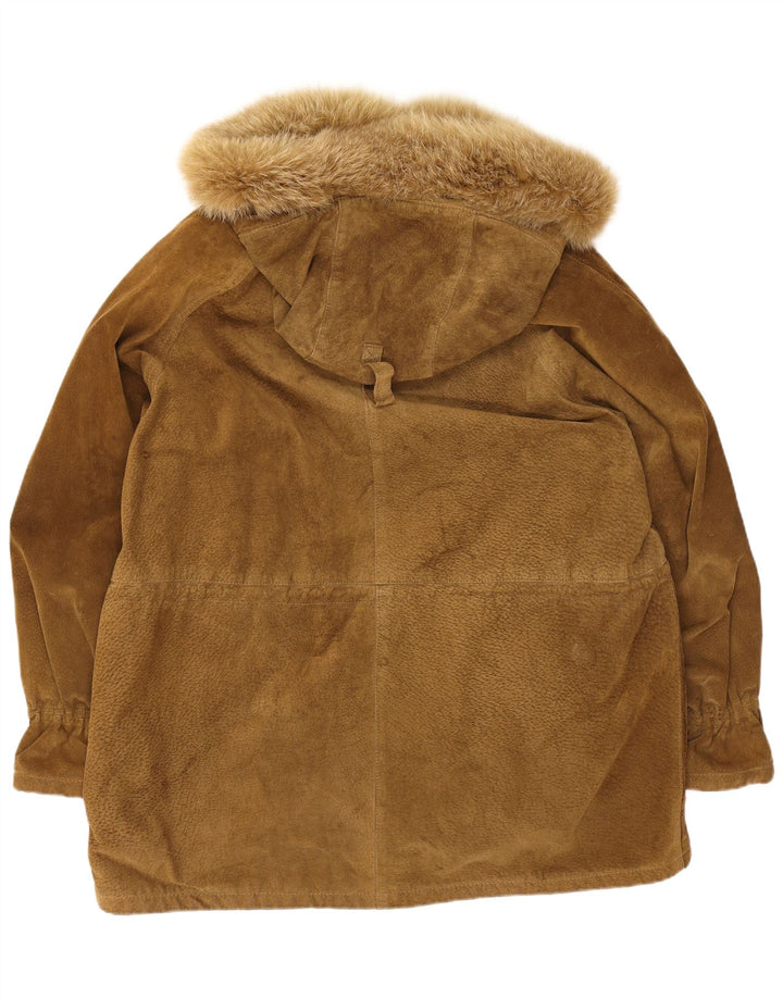 Vintage Dame Oversized Hætte Ruskind Overfrakke EU 44 XL Beige