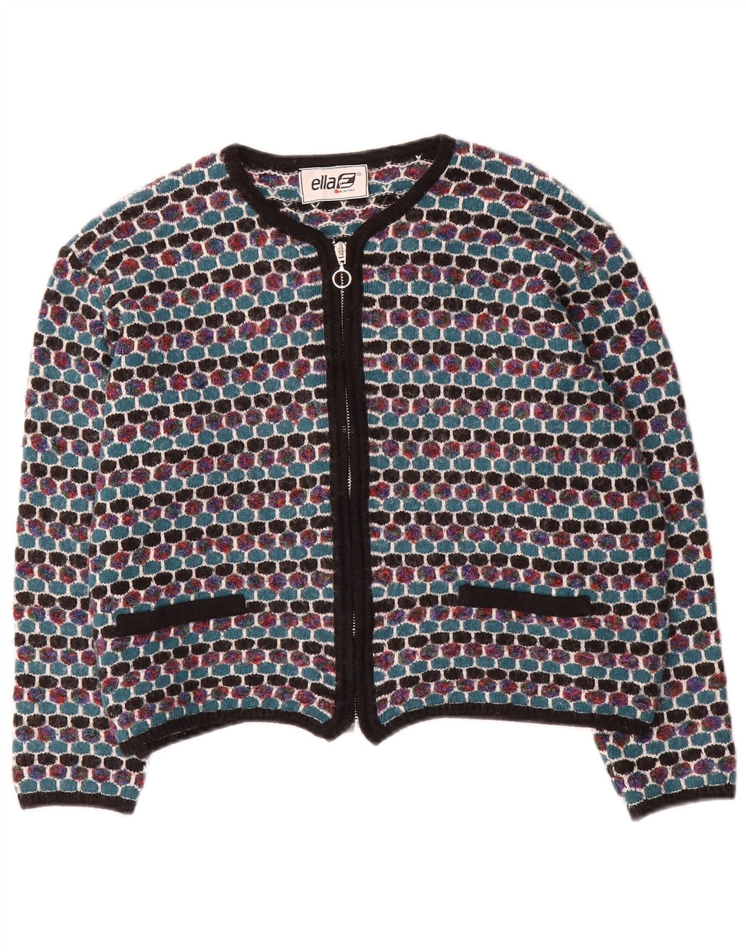 Ella Dame Cardigan Sweater UK 16 Stor Flerfarvet Geometrisk