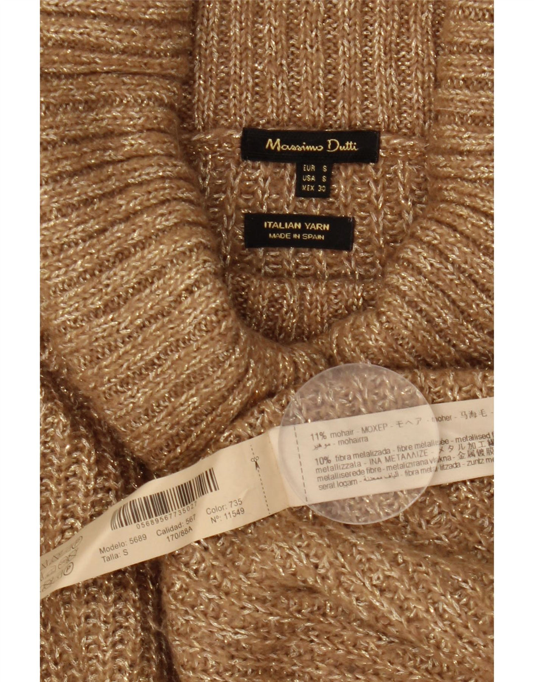Massimo Dutti Dame Roll Neck Jumper Sweater UK 10 Small Beige Flecked