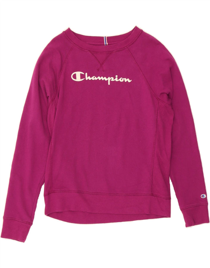 CHAMPION Womens Graphic Sweatshirt Jumper UK 14 Medium Purple Cotton Vintage Champion and Second-Hand Champion from Messina Hembry 