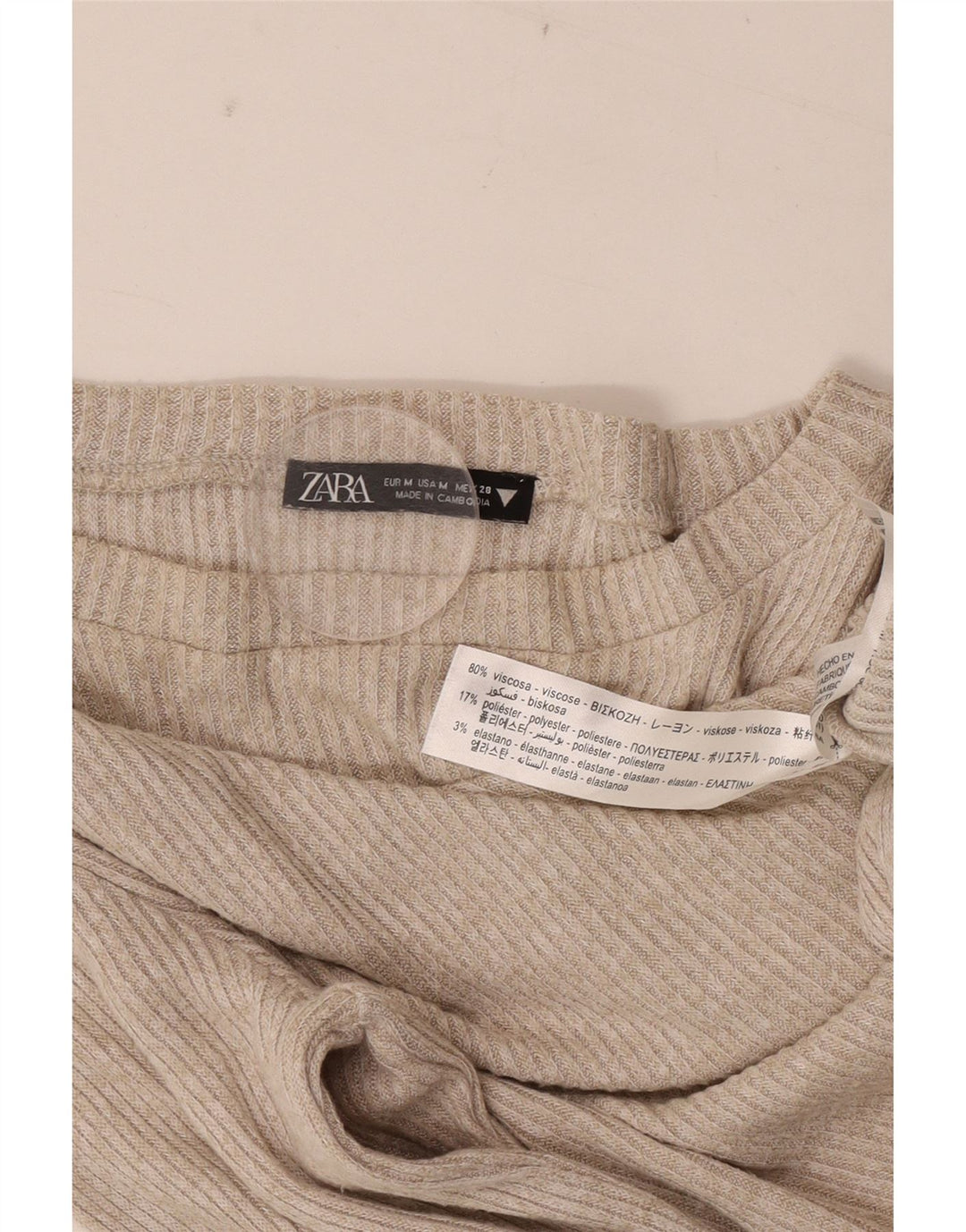 Zara Dame Top Langærmet UK 12 Medium Beige Viscose
