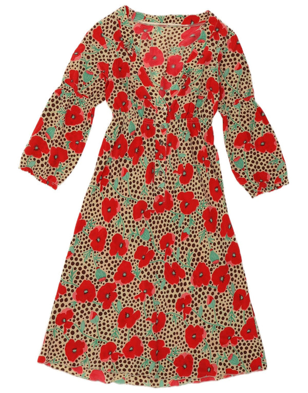 Vintage Womens 3/4 Sleeve A-Line Dress UK 4 XS Multicoloured Floral Silk