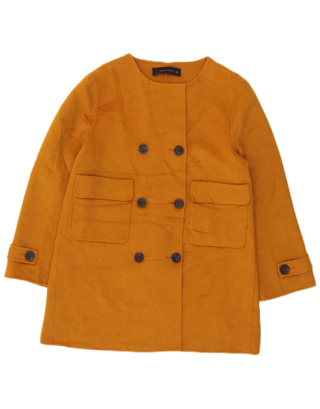 Zara Womens Short Double Breasted Coat UK 14 Large Yellow Polyester