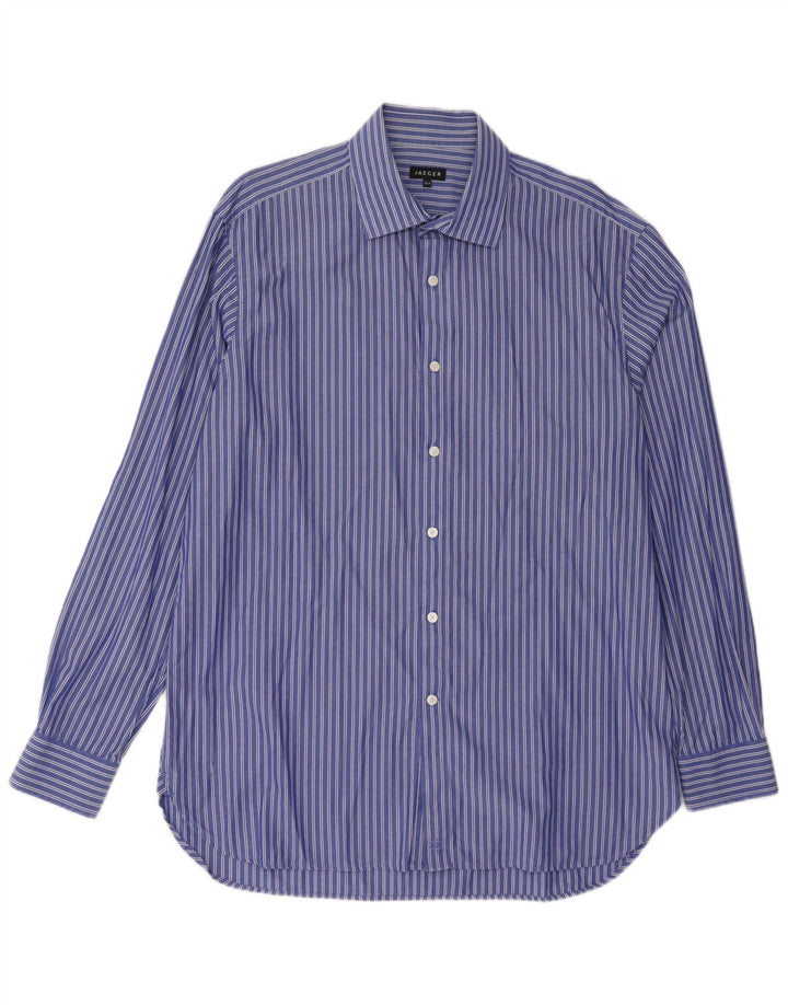 JAEGER Mens Shirt Size 16 1/2 Large Blue Striped Cotton
