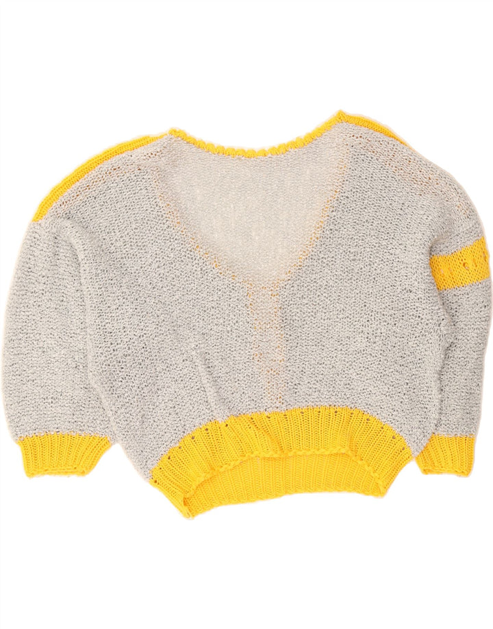 VINTAGE Womens Batwing V-Neck Jumper Sweater UK 12 Medium Grey Colourblock Vintage Vintage and Second-Hand Vintage from Messina Hembry 