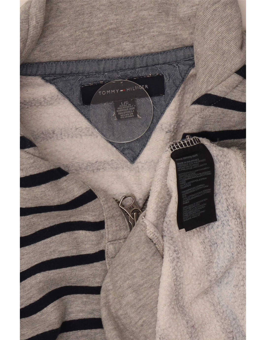 Tommy Hilfiger Herre Zip Neck Sweatshirt Jumper Stor Grå Stribet Bomuld