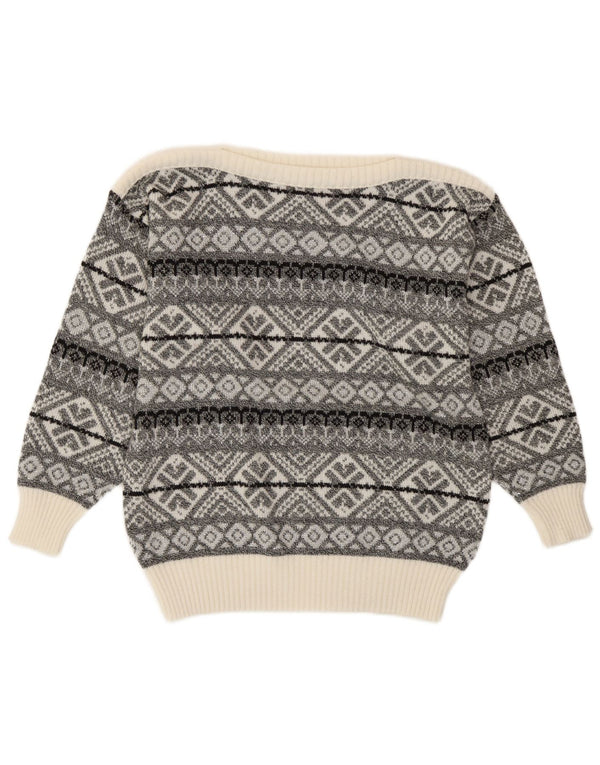 Vintage Dame Boat Neck Jumper Sweater UK 14 Medium Grå Geometrisk