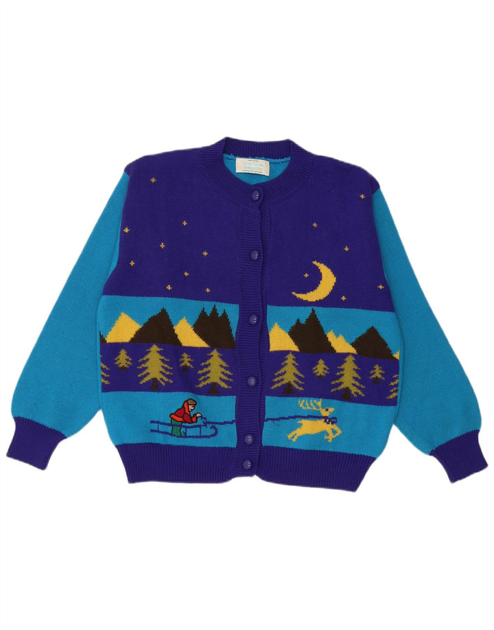 Benetton Womens Winter Crop Cardigan Sweater IT 48 XL Blå Colourblock Uld