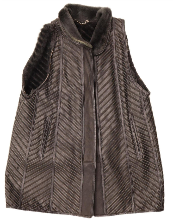 VINTAGE Sherpa Longline Gilet til kvinder EU 40 mellemgrå stribet læder