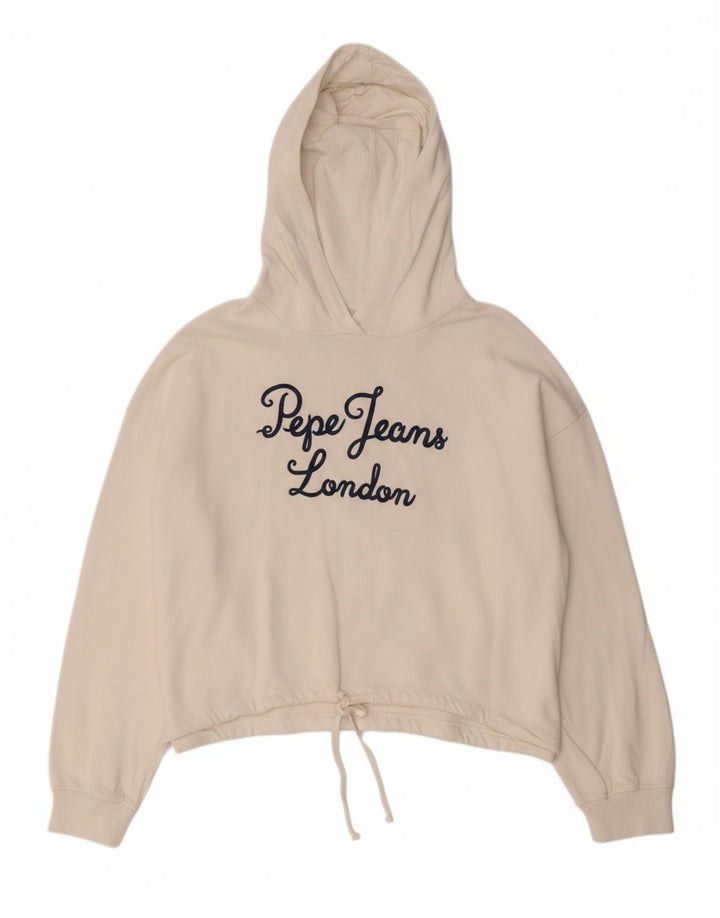 PEPE JEANS Womens Oversized Crop Graphic Hoodie Jumper UK 14 Medium White